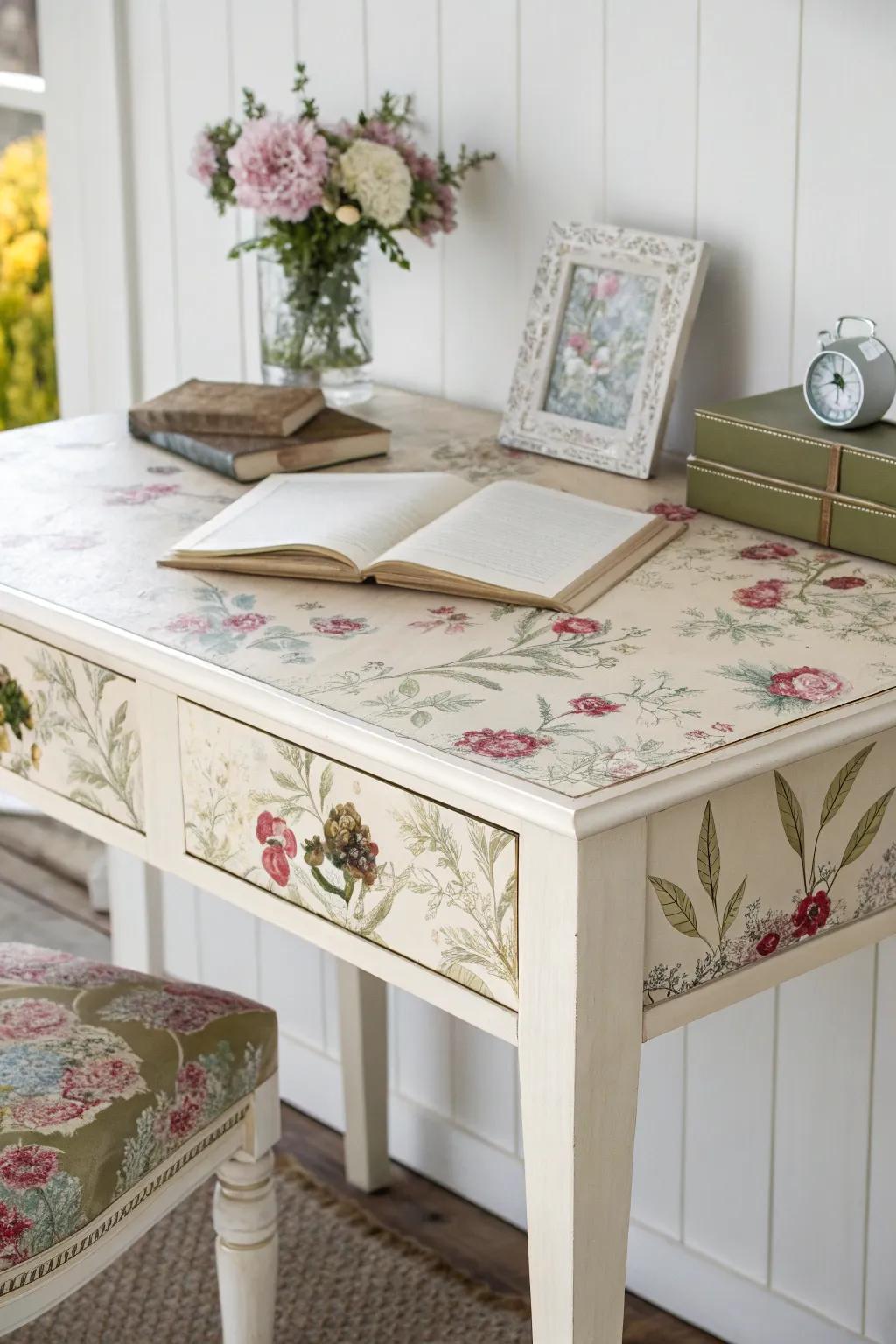 Transform your workspace with this stunning decoupaged desk cover, where simplicity meets elegance in a floral dance.