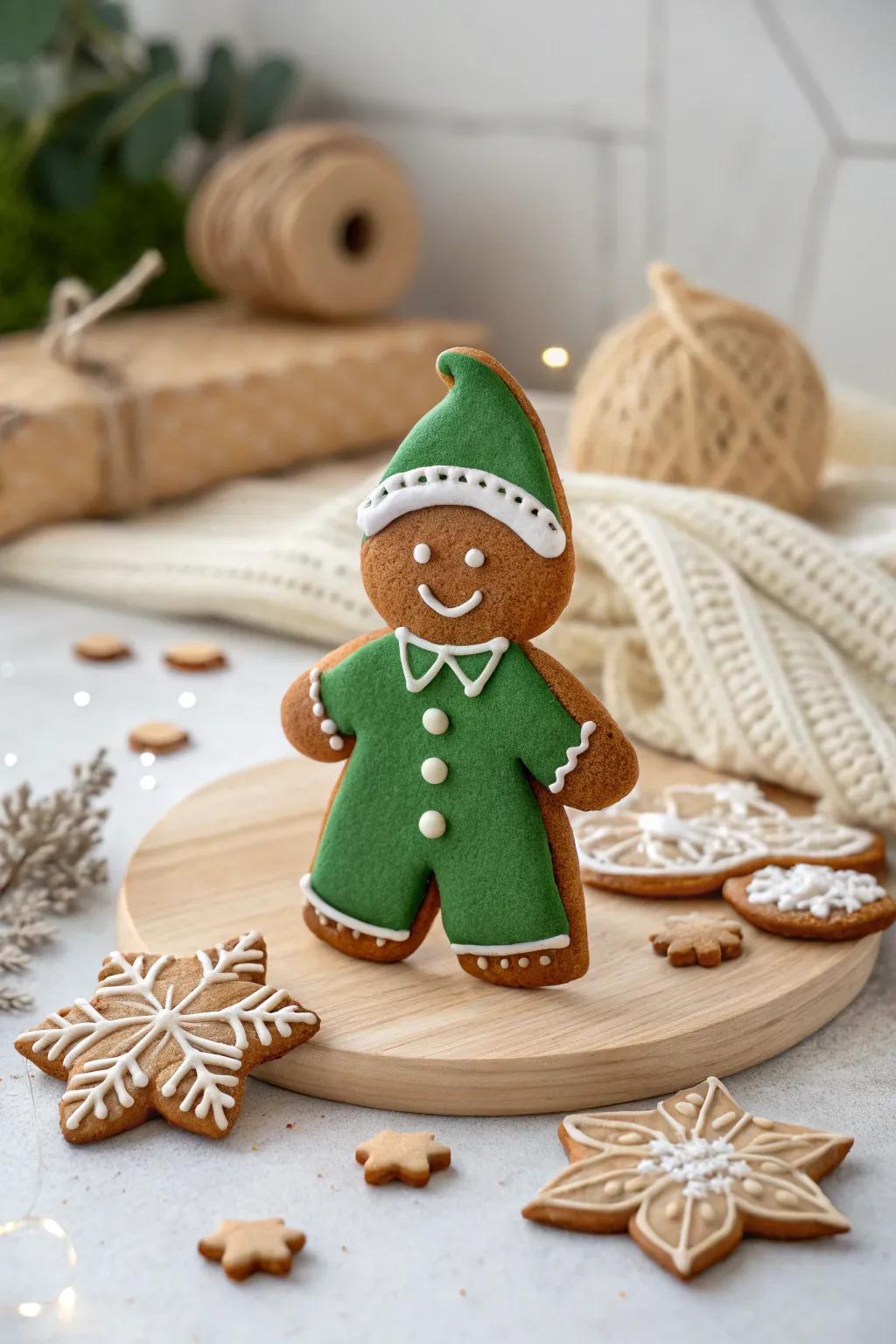 Add a touch of festive whimsy with this adorable elf gingerbread creation, perfect for a minimalistic and cozy holiday décor.