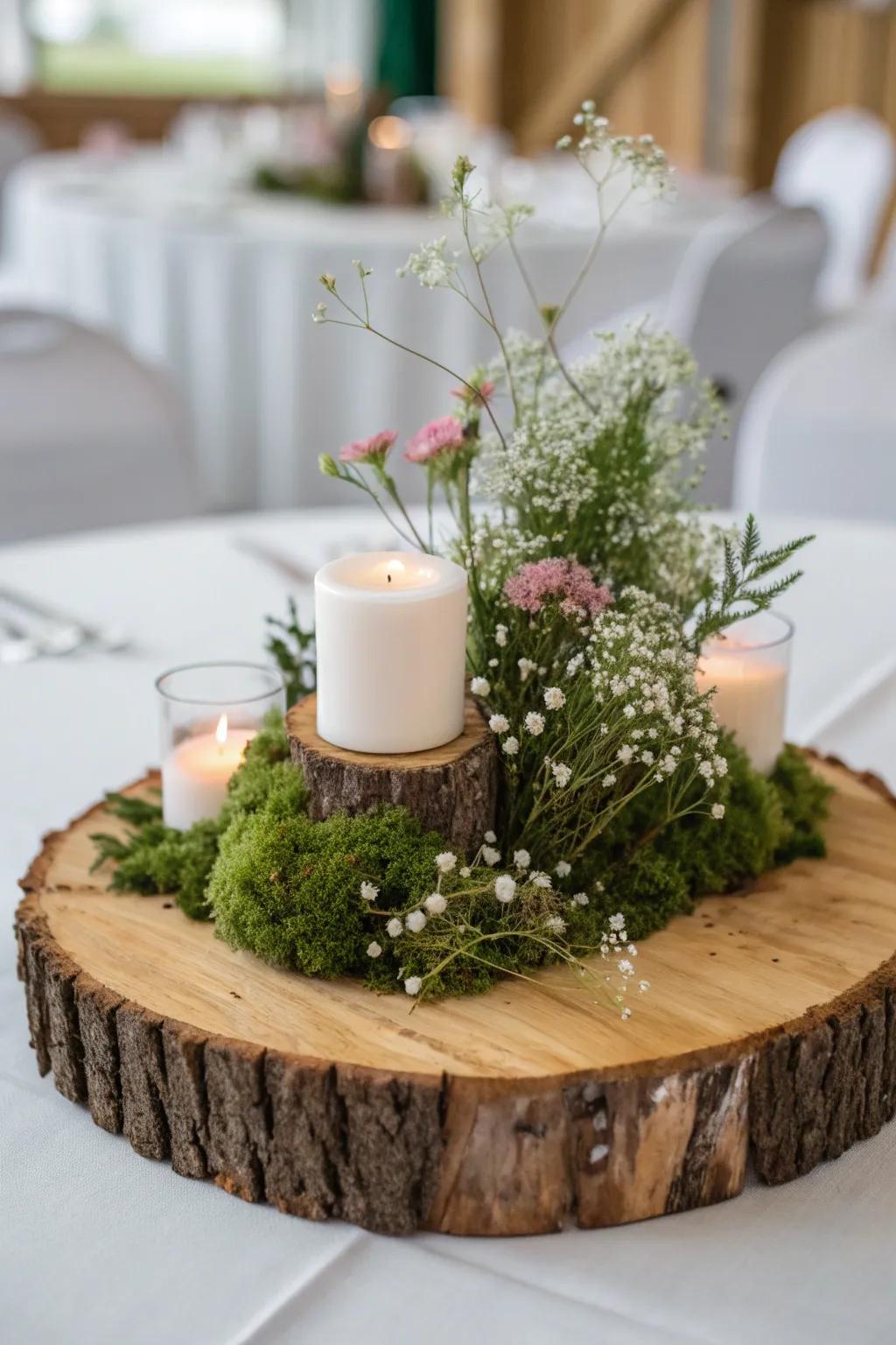 Celebrate with nature's elegance: A rustic wood slice centerpiece for timeless beauty.