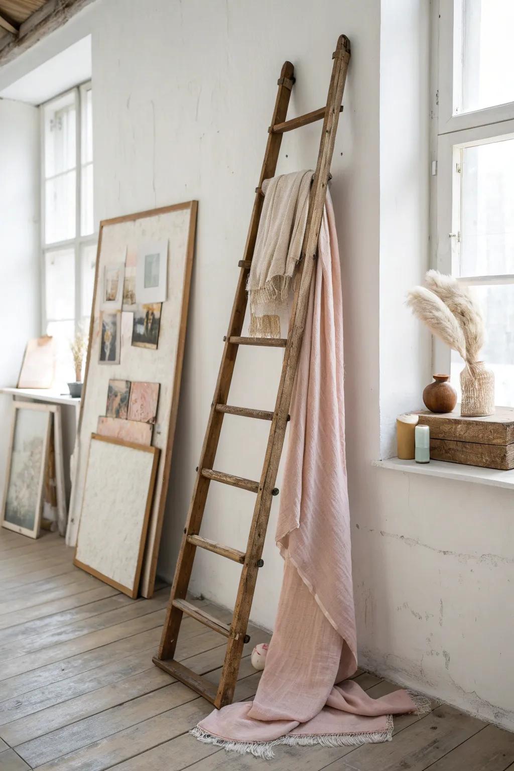 Transform an old ladder into a chic storage solution for your art studio - blending minimalist elegance with bohemian flair.