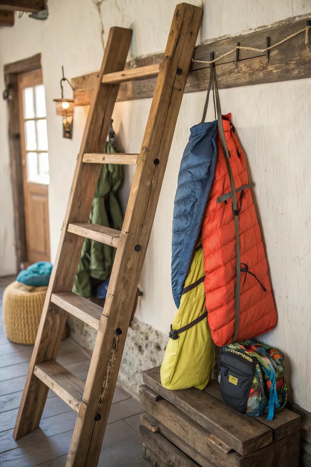Transform your old ladder into a stylish camping gear rack with rustic charm.