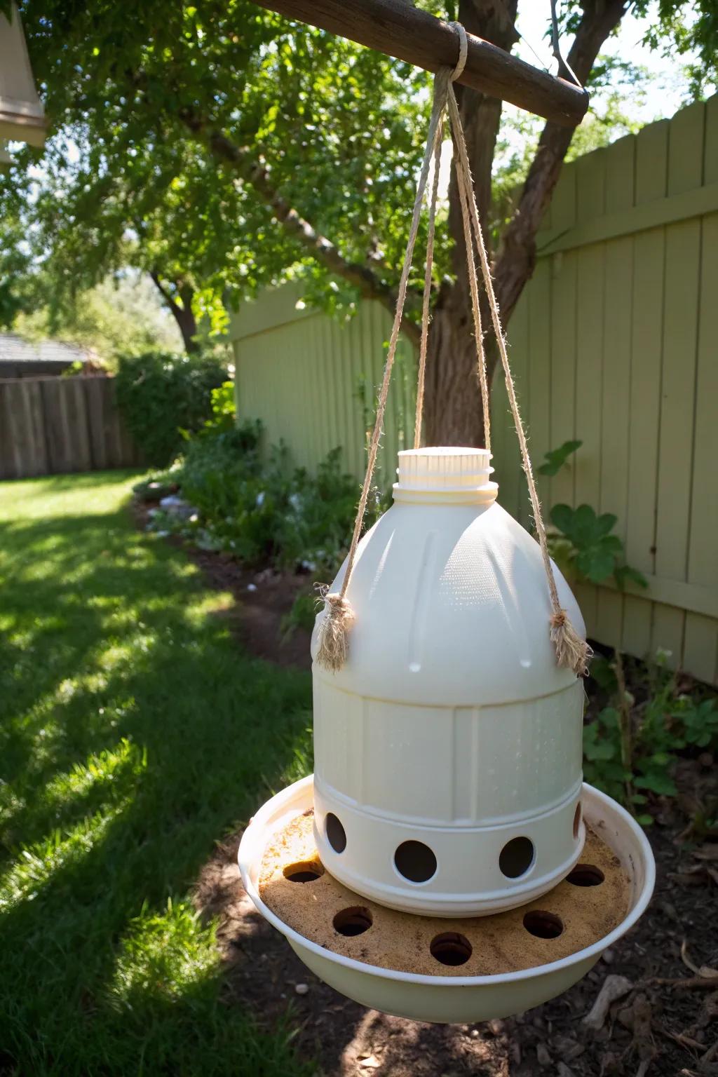 Elevate your backyard with this chic DIY hanging water jug feeder—where style meets functionality.