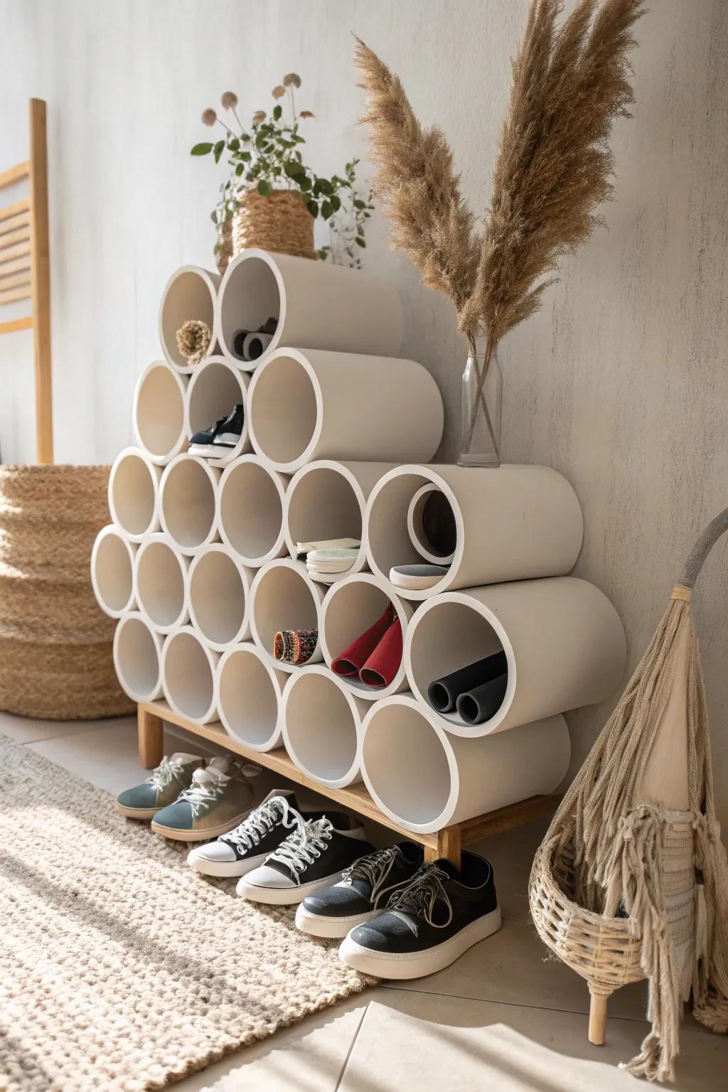 Transform your closet chaos into a chic shoe gallery with a DIY PVC pipe shoe rack. #DIYOrganization #ScandiBohoStyle