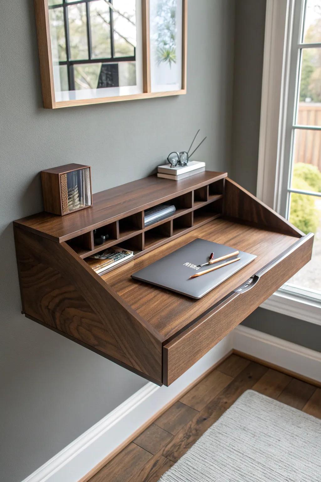 Elegance Meets Functionality: Discover the Art of Concealed Storage with Our Floating Desk Design.