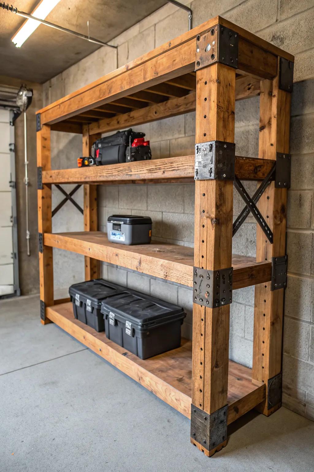 Built to Last: This robust wooden shelf is the epitome of strength and durability for your garage.