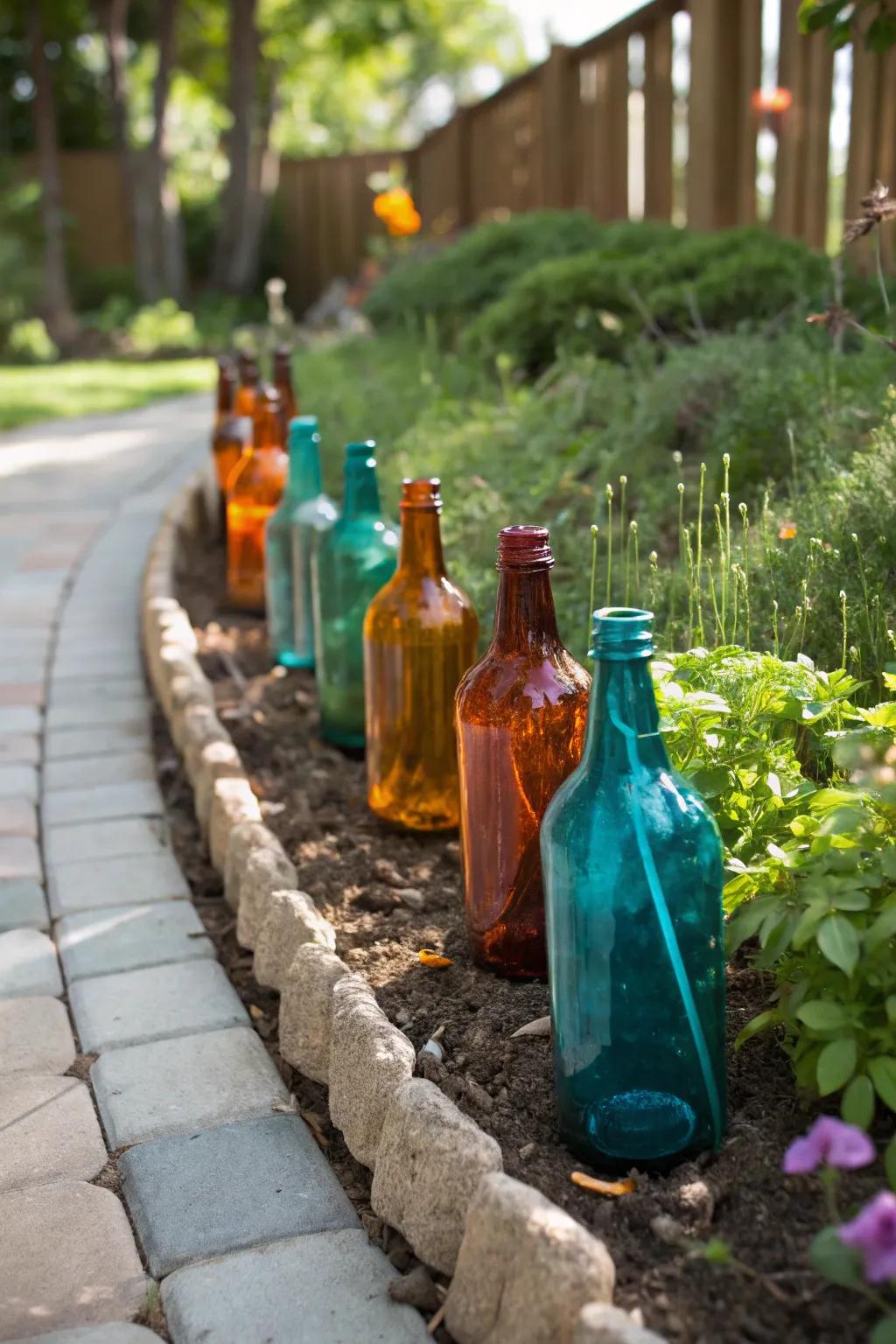 Transform old bottles into a vibrant garden border that brings color to your outdoor space year-round.
