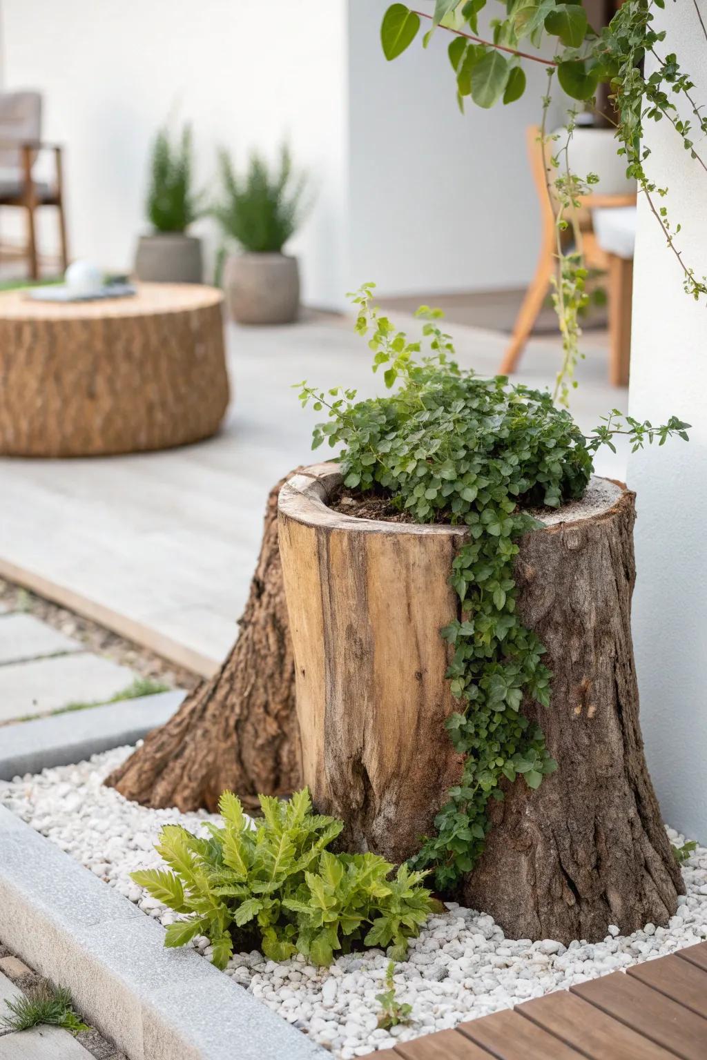 Embrace nature's elegance with this charming tree stump planter, a perfect blend of simplicity and boho flair.