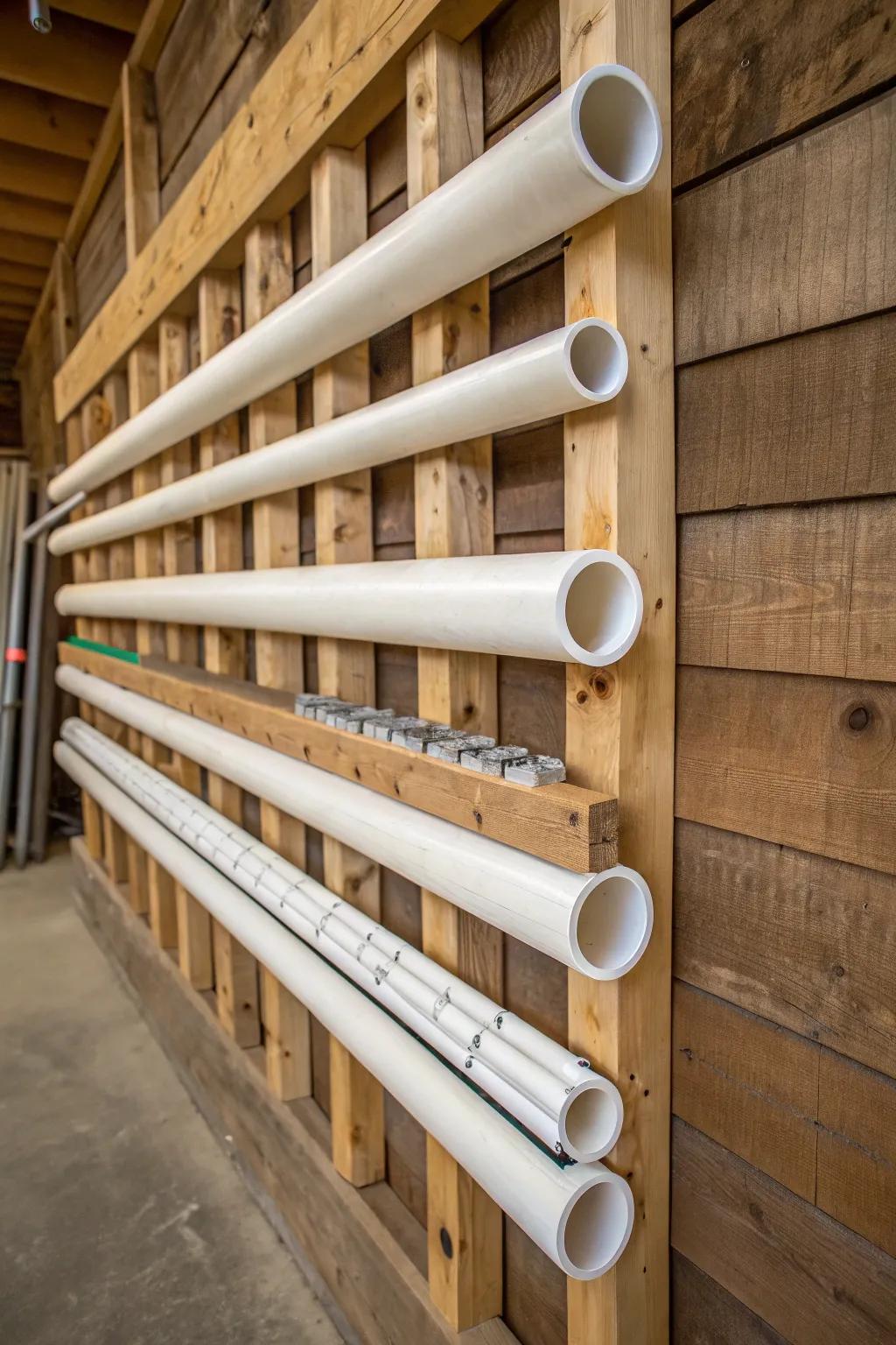 Elevate your storage game: DIY lumber rack using PVC pipes for a seamless blend of function and style.