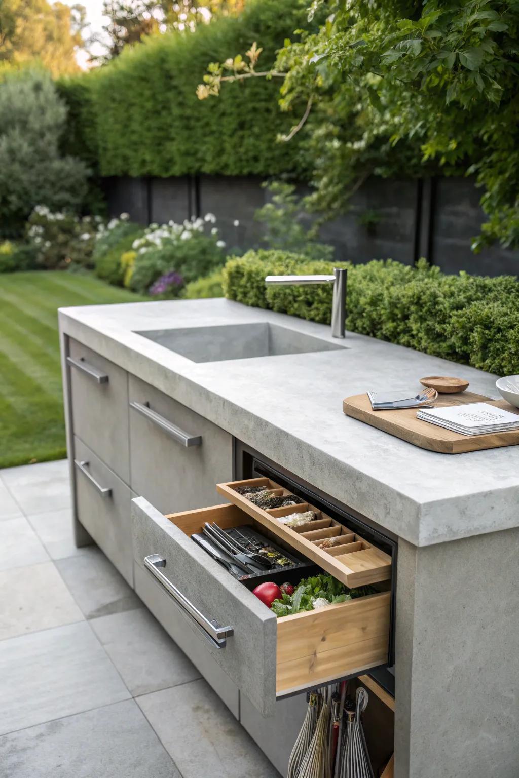 Elevate your outdoor space with this stylish and functional concrete countertop featuring hidden storage solutions.
