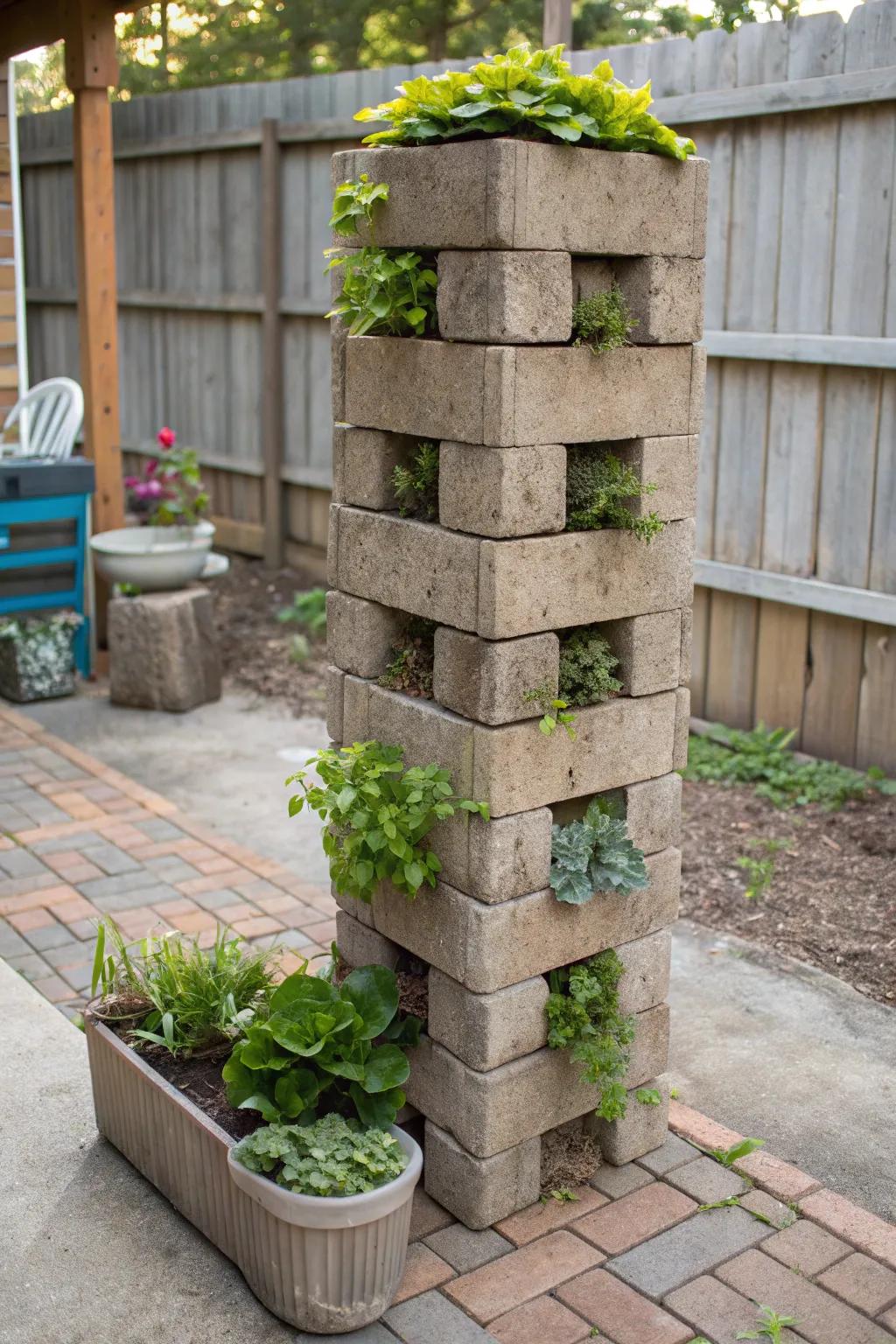 Elevate your outdoor space with a chic vertical cinder block planter—where style meets hidden storage.