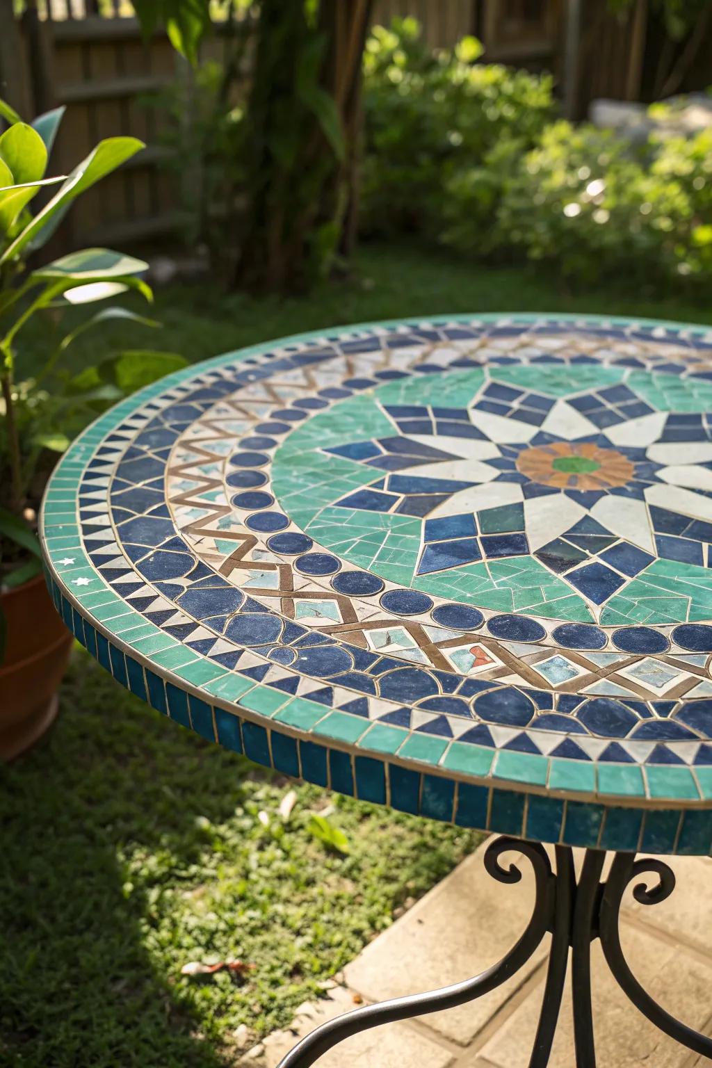 Transform your outdoor space with the artistry of a handcrafted mosaic tile table.