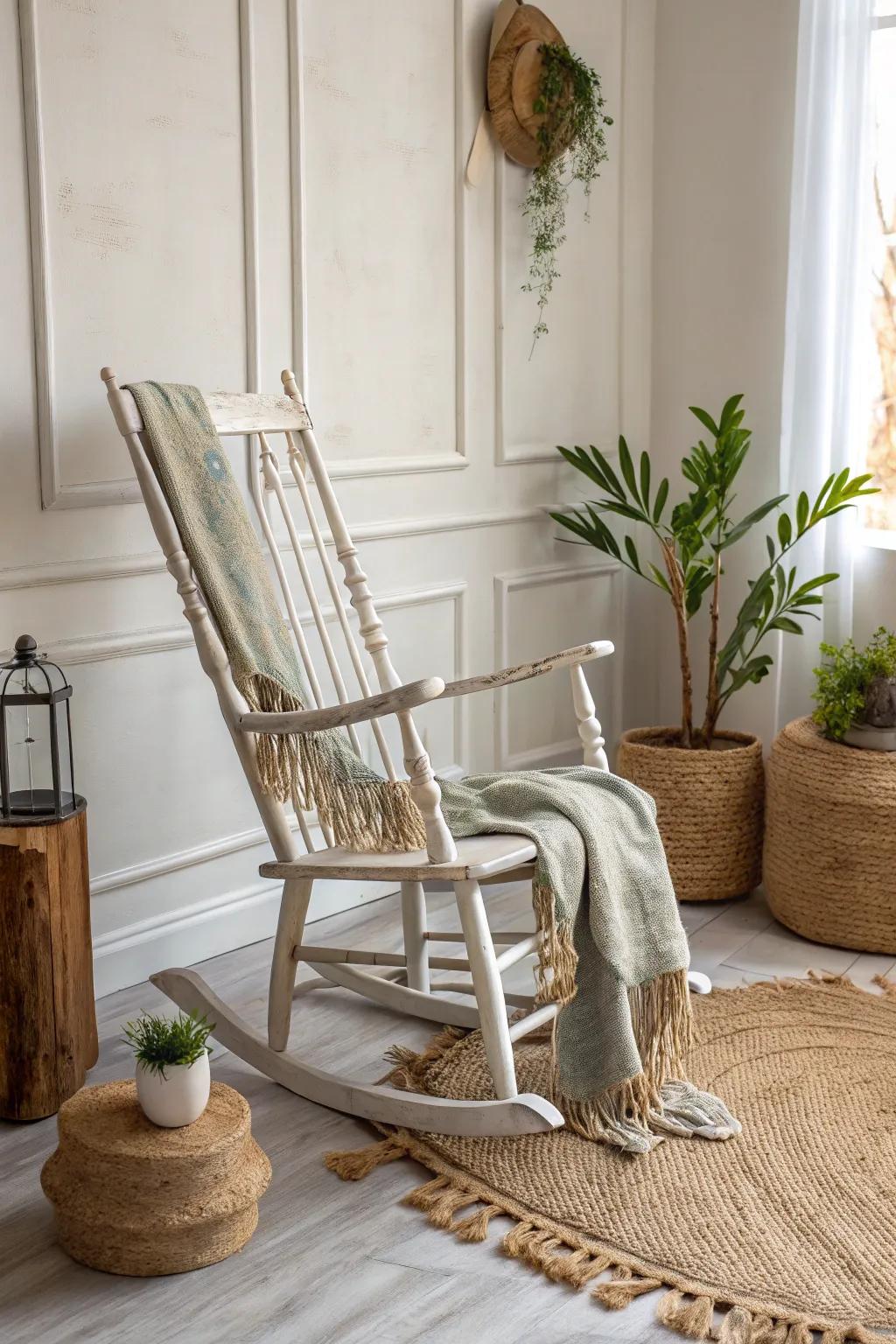 Transform your space with this charming DIY distressed rocking chair, perfect for a cozy farmhouse feel.