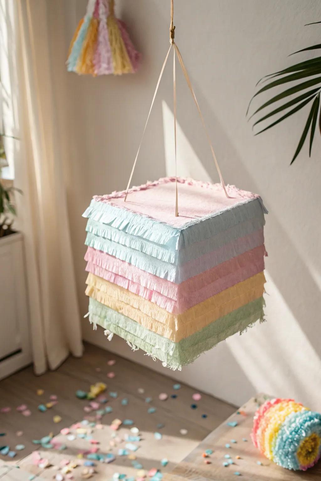 Unveil a rainbow of delight with this minimalist cube piñata—where simplicity meets surprise.