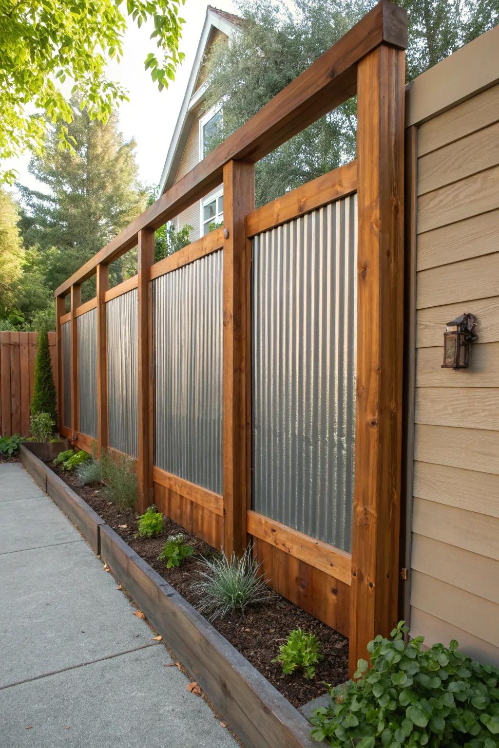 Elevate your garden with a bold corrugated metal fence framed in cedar for an industrial yet natural touch.