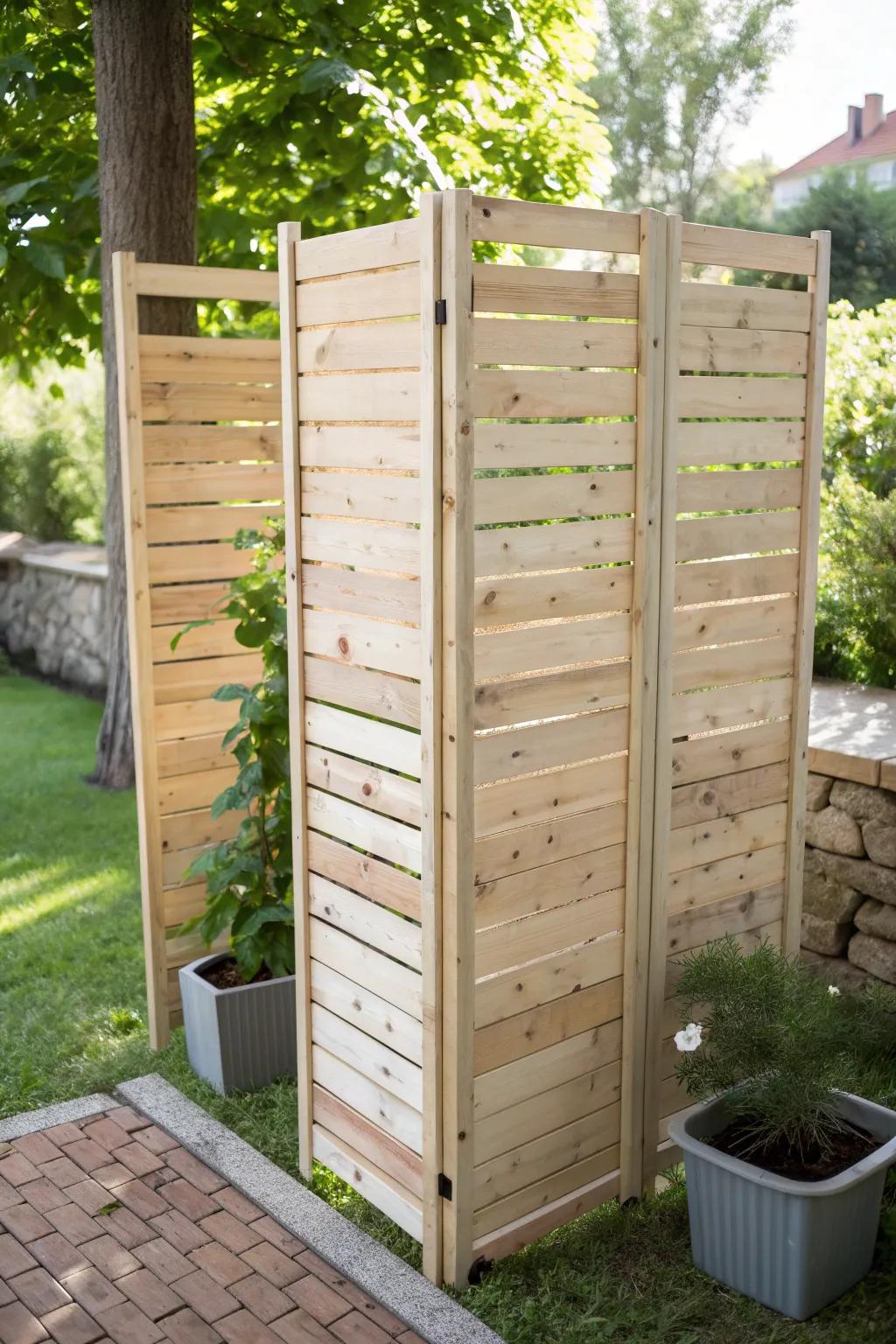 Transform your backyard with a chic pallet wood privacy screen that blends rustic charm with minimalist elegance.