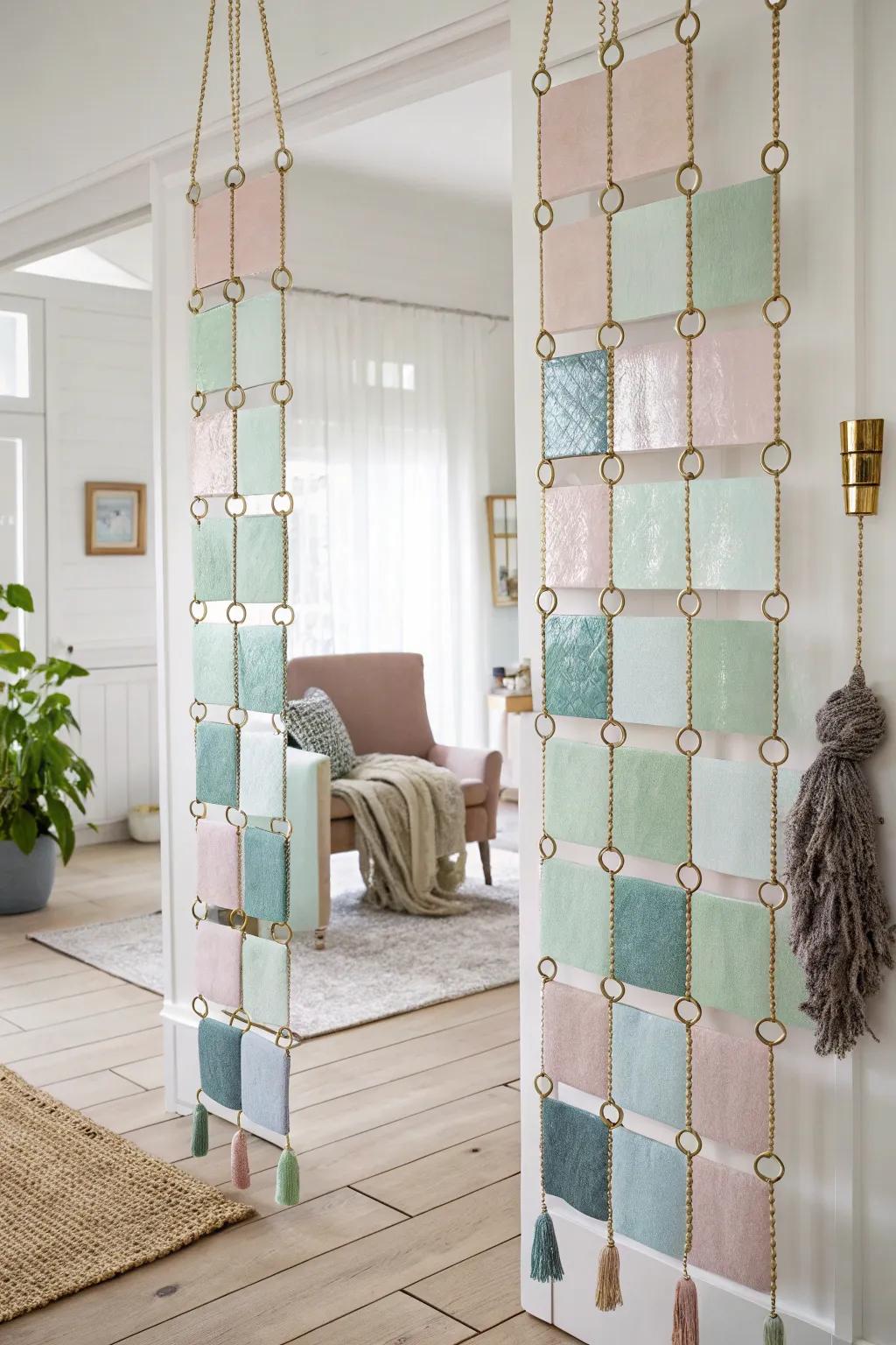 Elevate your space with a stunning hanging tile room divider that merges art and function, perfect for a minimalist yet vibrant aesthetic.
