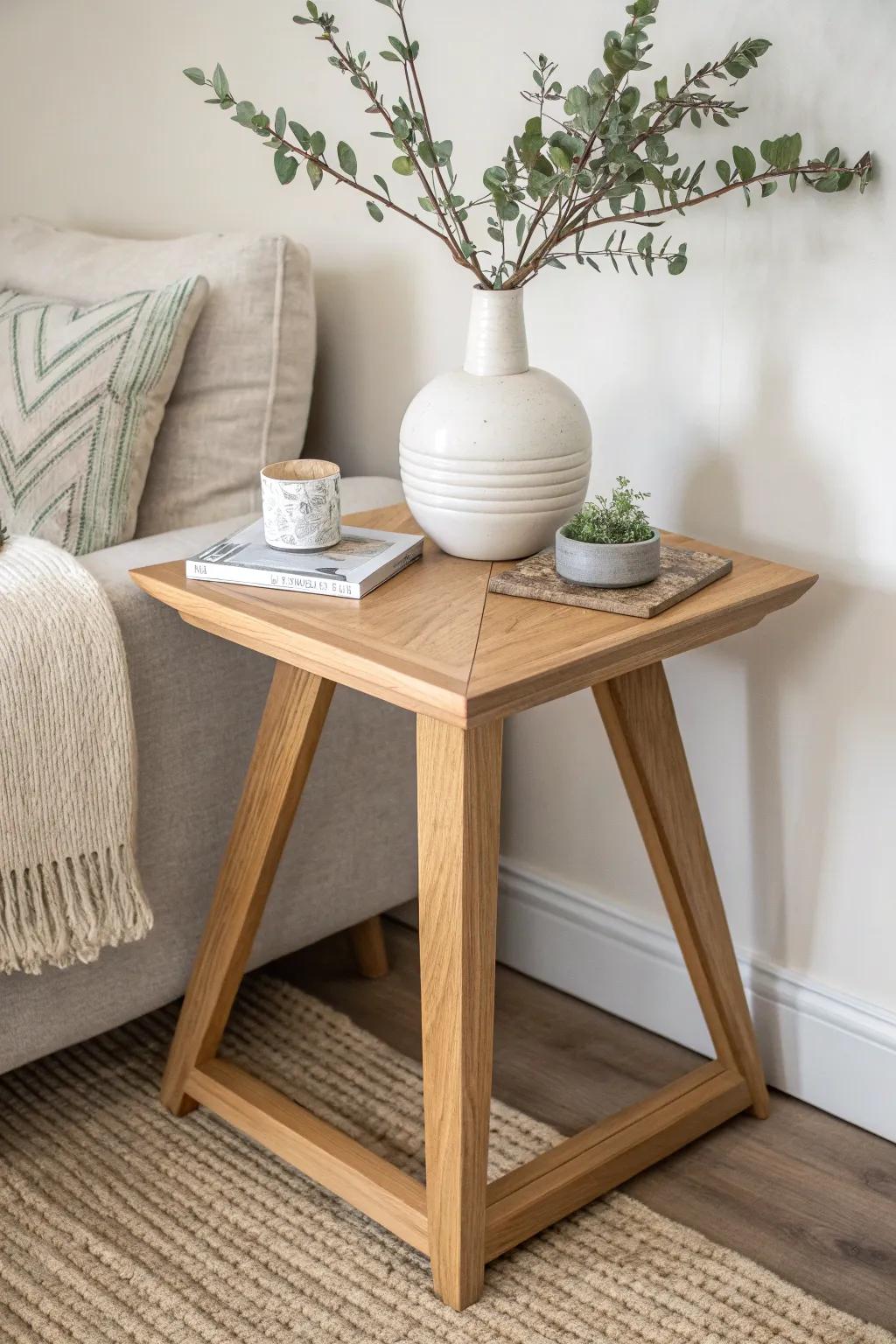 Compact Creativity: Elevate your space with this charming, handmade triangular side table.
