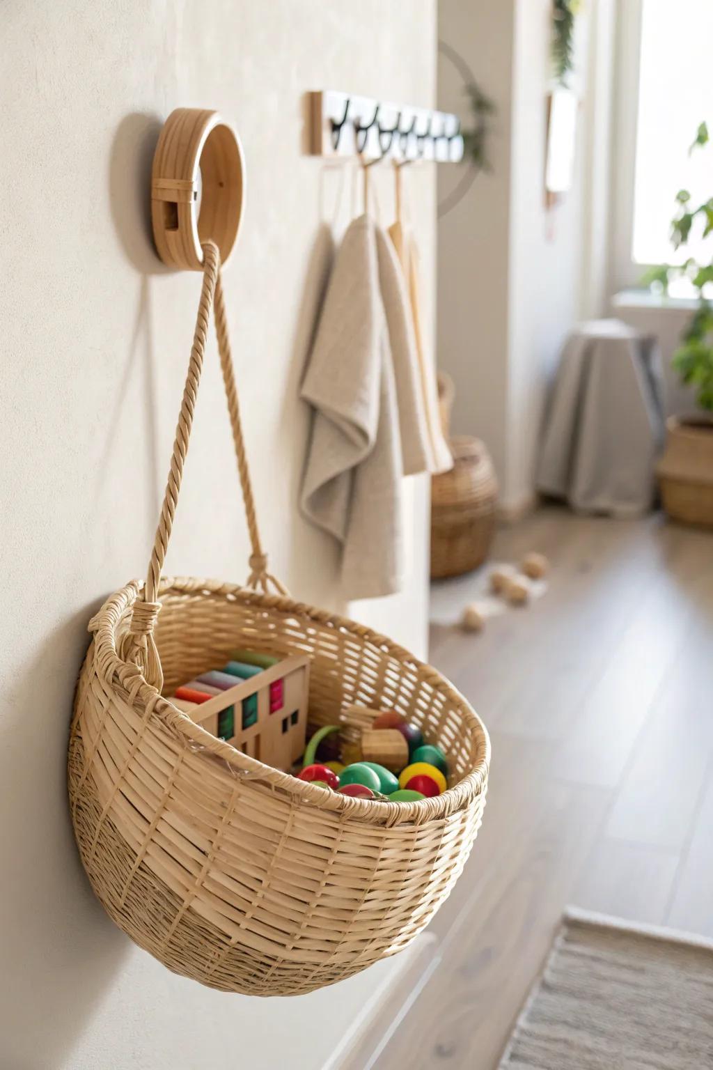 Elevate your space with stylish wall-mounted baskets – the perfect blend of function and flair for toy storage!