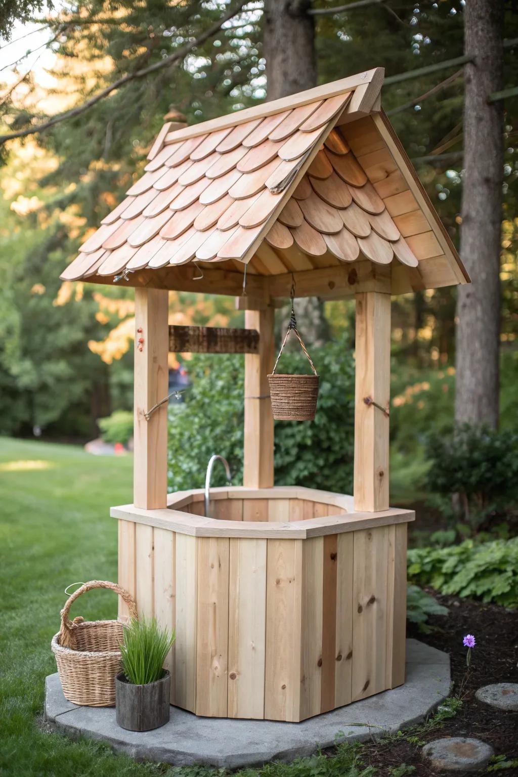 Elevate your garden with a DIY wishing well, featuring a charming cedar shingle roof for that perfect Scandinavian-Boho touch.