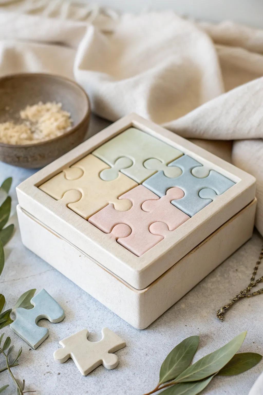 Unlock the beauty of simplicity with this puzzle-inspired clay box, where craftsmanship meets playful elegance.