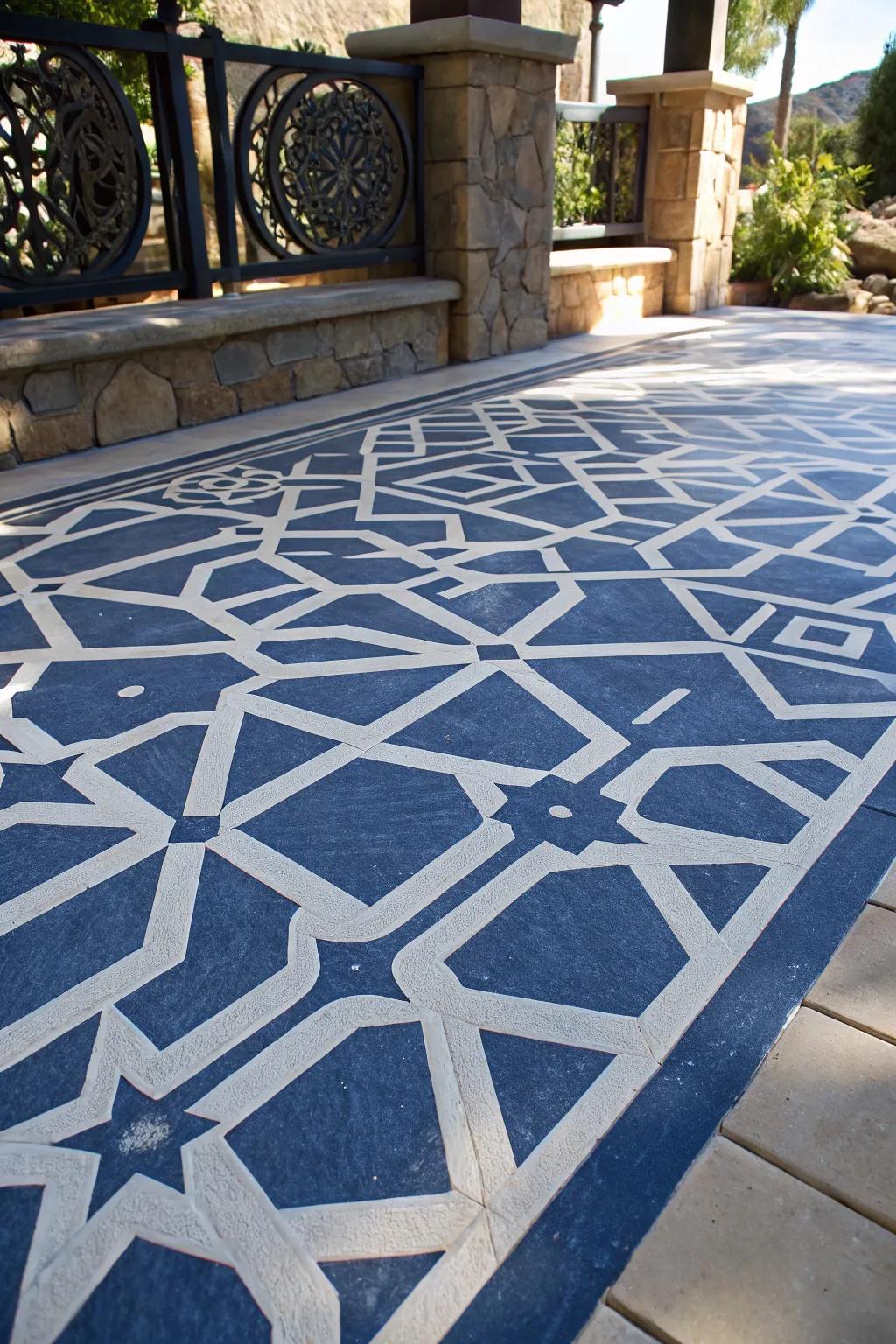 Transform your patio with stenciled artistry—style meets craftsmanship.