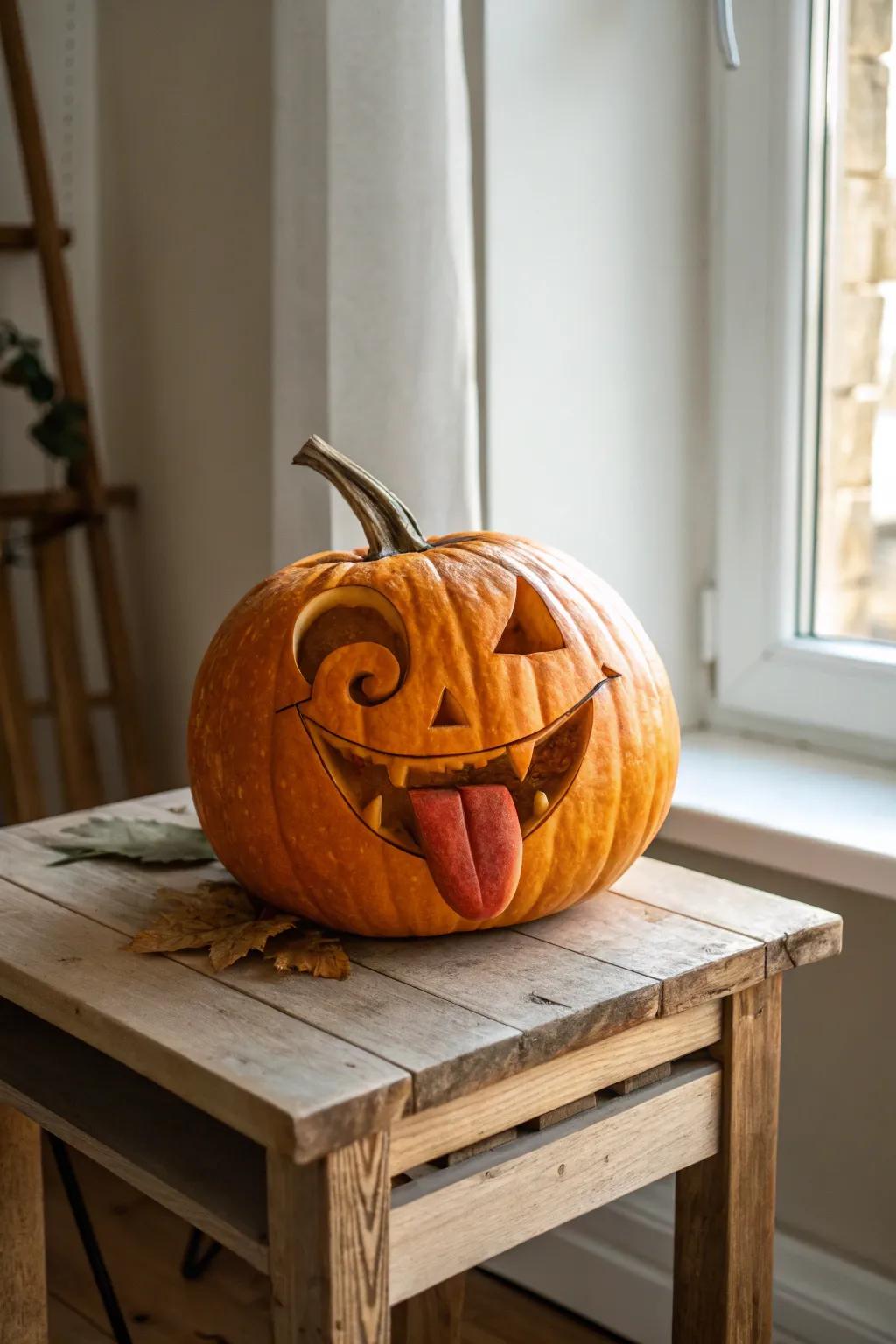 Add a playful twist to your Halloween decor with this tongue-out pumpkin carving!