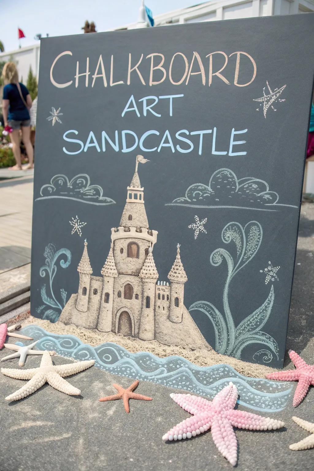 Bring the beach home with charming sandcastle chalk art—perfect for your summer gatherings!