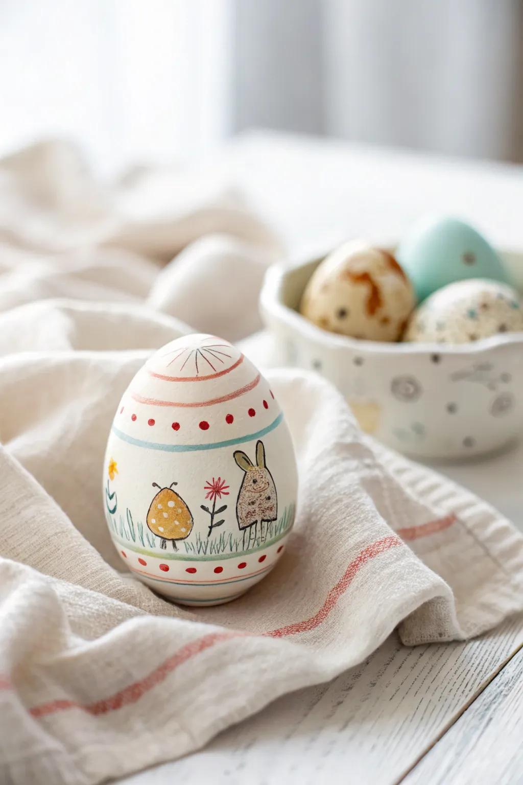 Discover the art of mixed styles: stripes, dots, and characters create magic on a single egg.