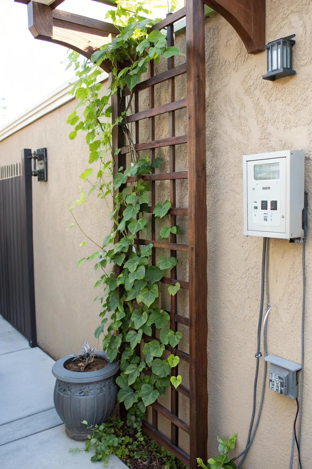 Transform your space with a handcrafted plant trellis that elegantly disguises your electrical panel while adding a refreshing touch of greenery.