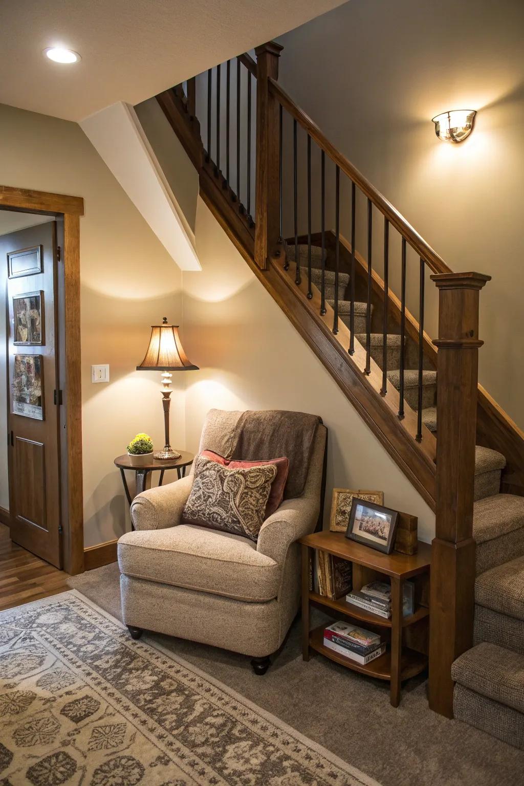 A cozy nook under the stairs can be both functional and inviting.
