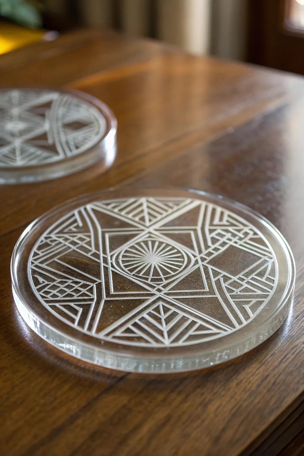 Elevate your space with the elegance of geometric etched glass coasters.