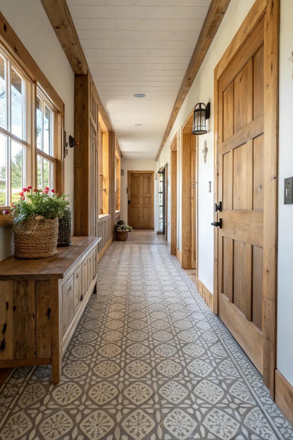 Textured matte tiles add depth and warmth to this farmhouse hallway.