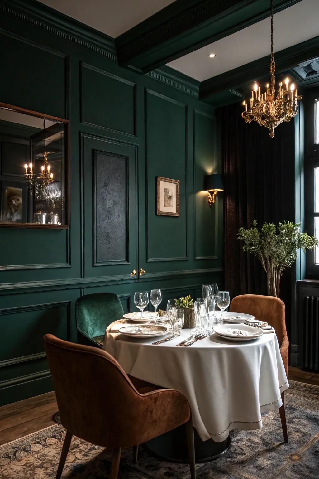 Dramatic dining room with bold, moody wainscoting.