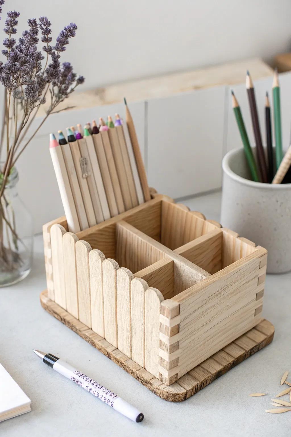 Crafted with love: A popsicle stick desk organizer to keep Dad's desk stylishly organized. #FathersDay #MinimalistDesign #HandmadeGift