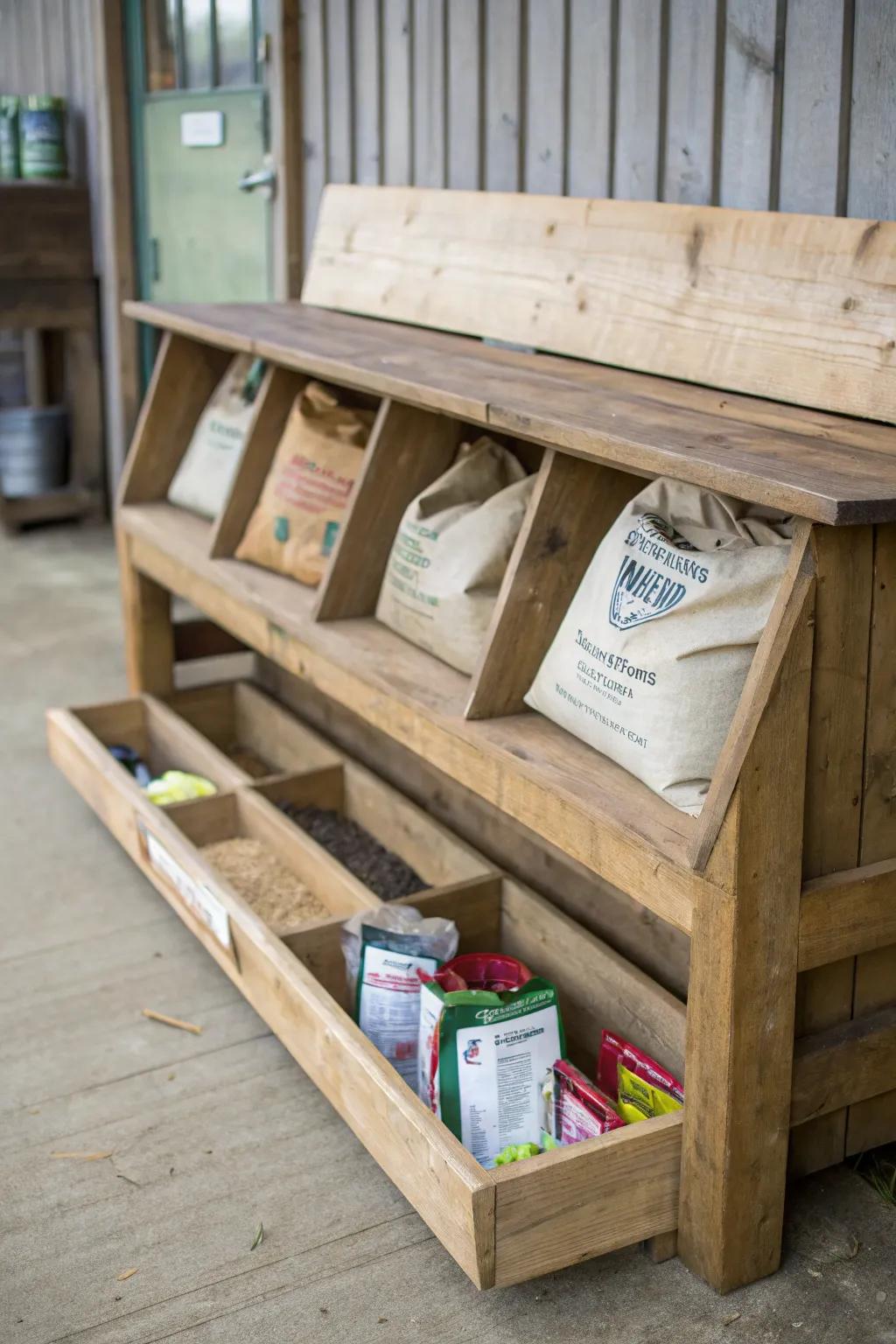 Under-bench compartments for discreet feed storage.