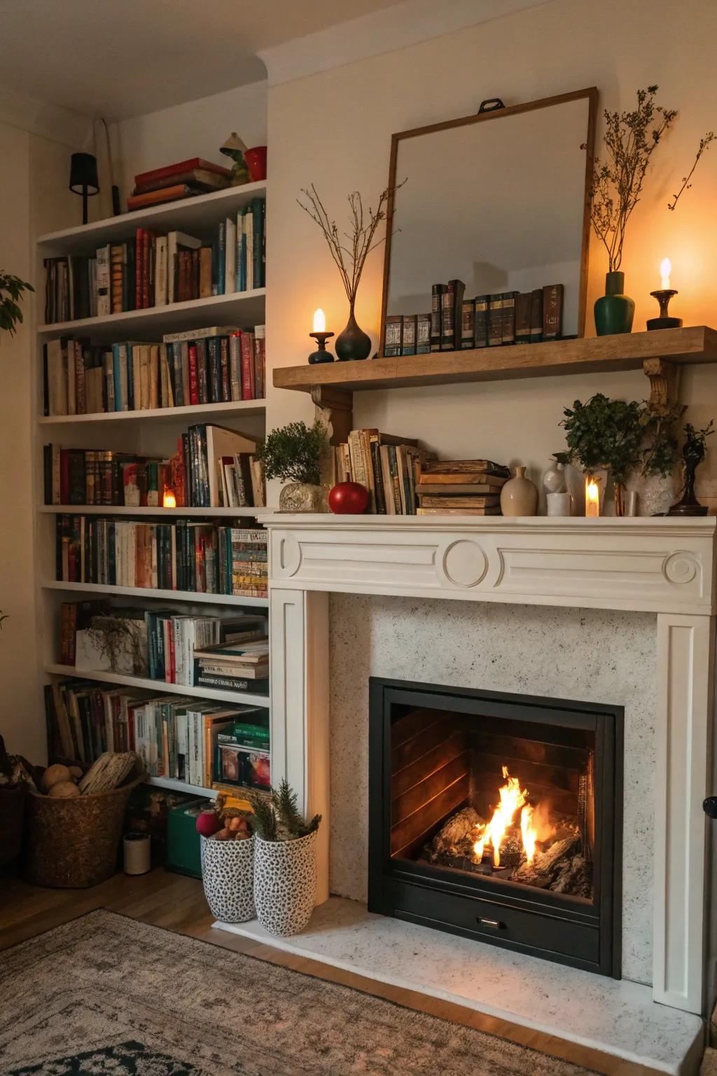 Open shelving adds functionality and style to your fireplace wall.