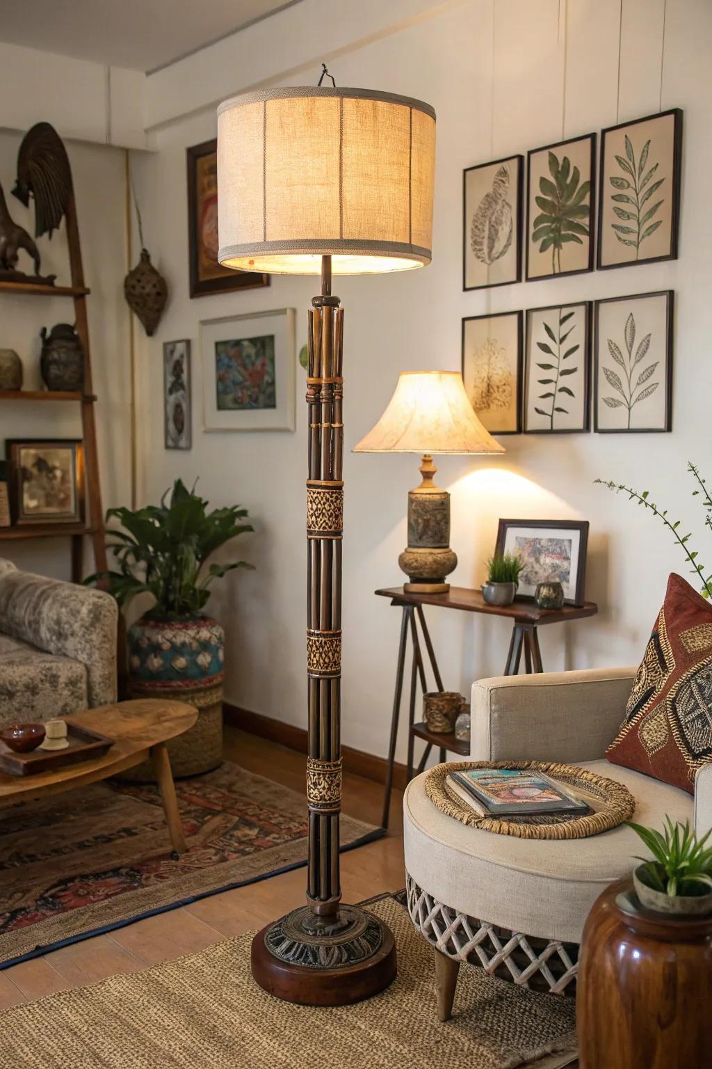 Add depth and interest with a floor lamp that mixes different materials.