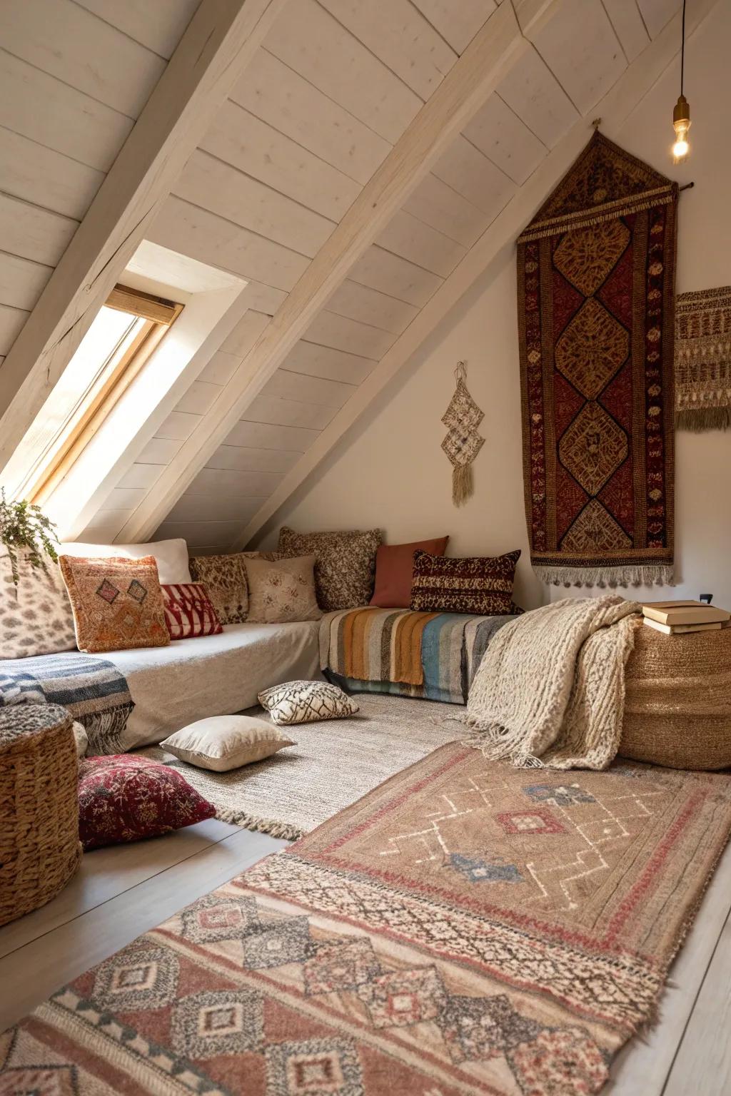 Textural elements adding depth to a room with a gable ceiling.