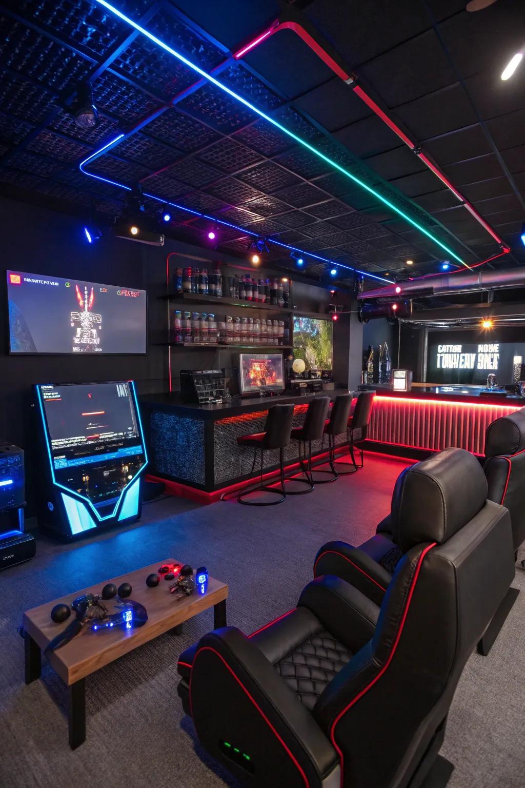 A tech-savvy bar paired with gaming consoles provides a futuristic vibe.
