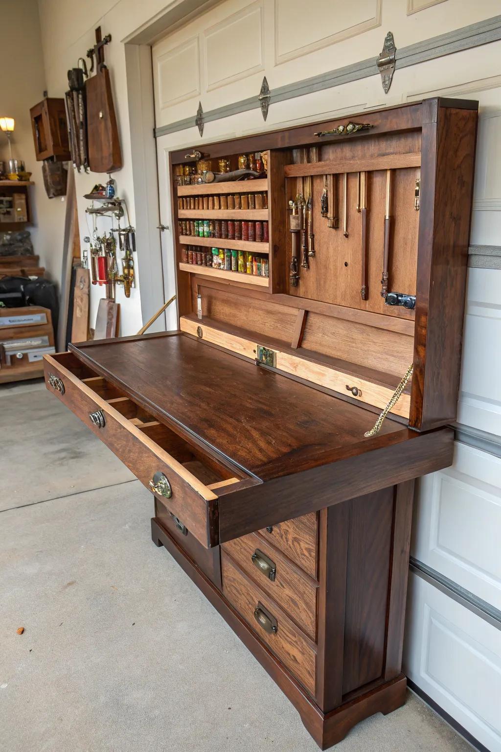 Maximize your garage space with this elegant, fold-down workbench—where craftsmanship meets practicality.
