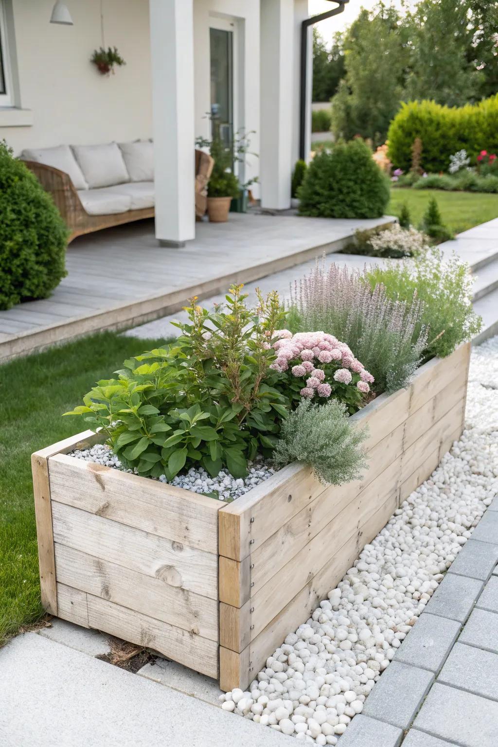 Transform your front yard into a serene oasis with this minimalist garden bed design, perfect for enhancing curb appeal.