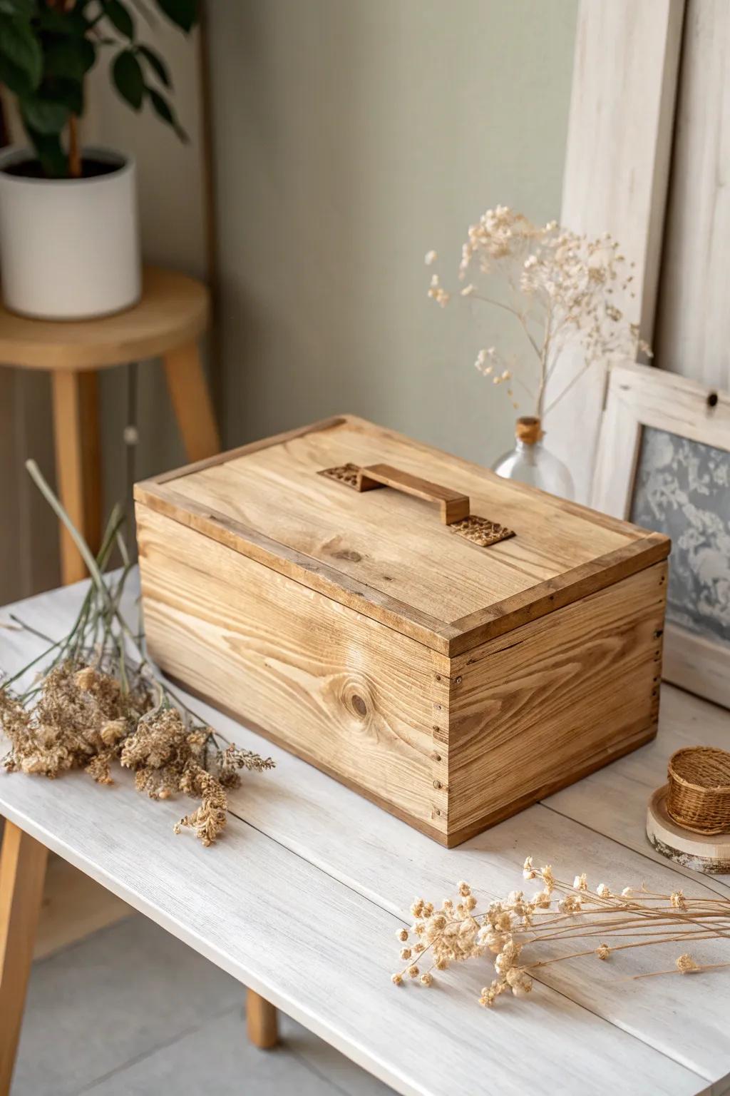 Embrace the warmth of simplicity with this rustic wooden box, a perfect blend of craftsmanship and natural beauty.