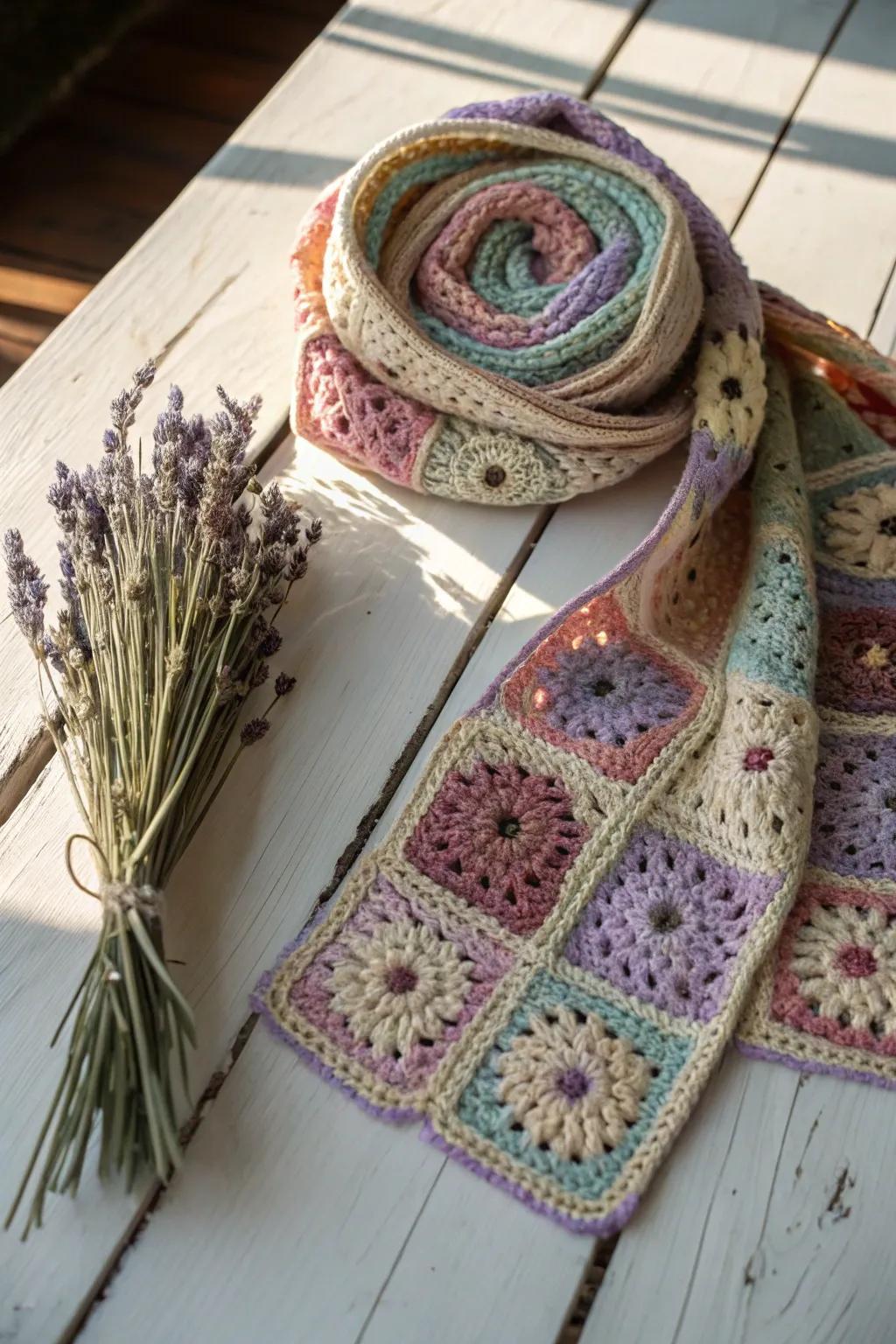 Wrap yourself in warmth and style with this vibrant granny square scarf, a perfect blend of artistry and elegance.