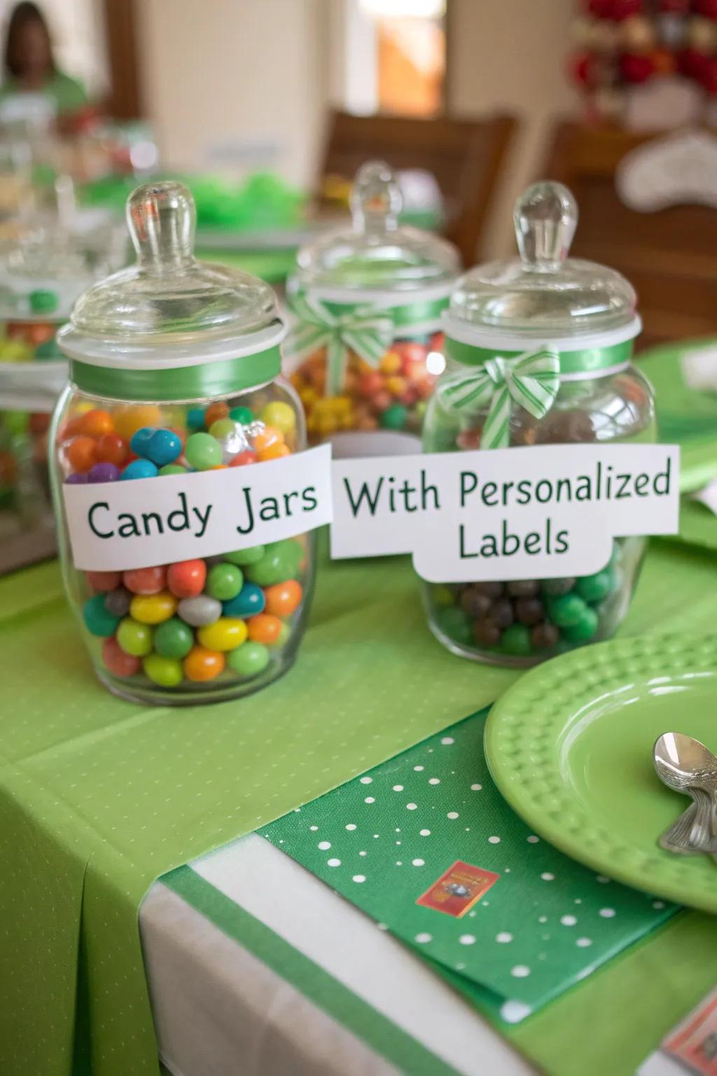 Custom labels add a personal touch to the candy setup.