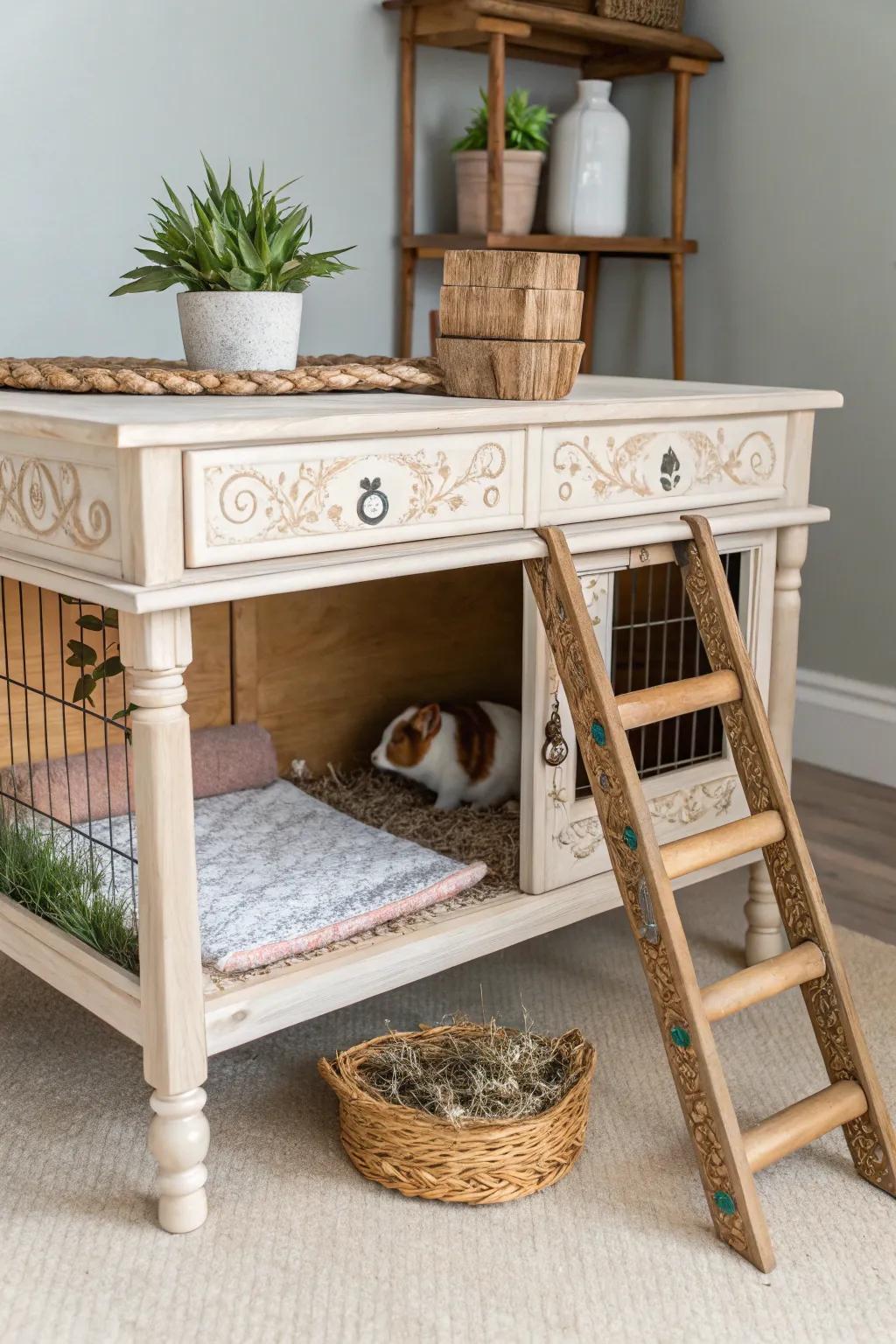 Transform your space with this stylish upcycled guinea pig home, where functionality meets minimalist charm.
