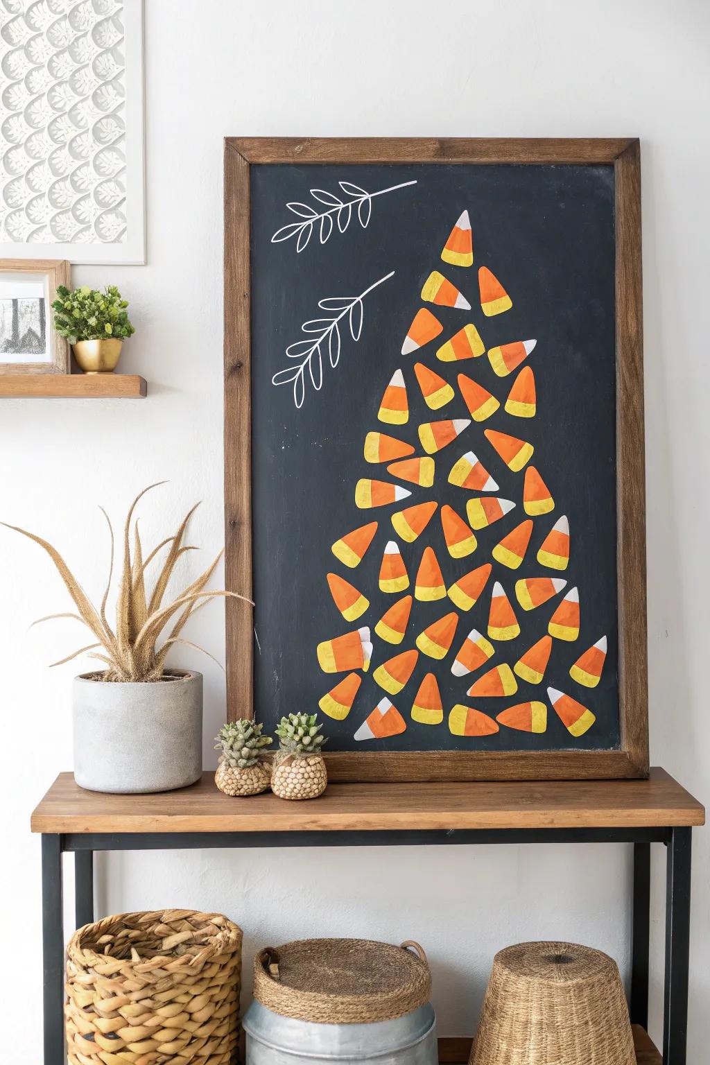 Add a splash of autumn joy with this charming candy corn chalkboard design!