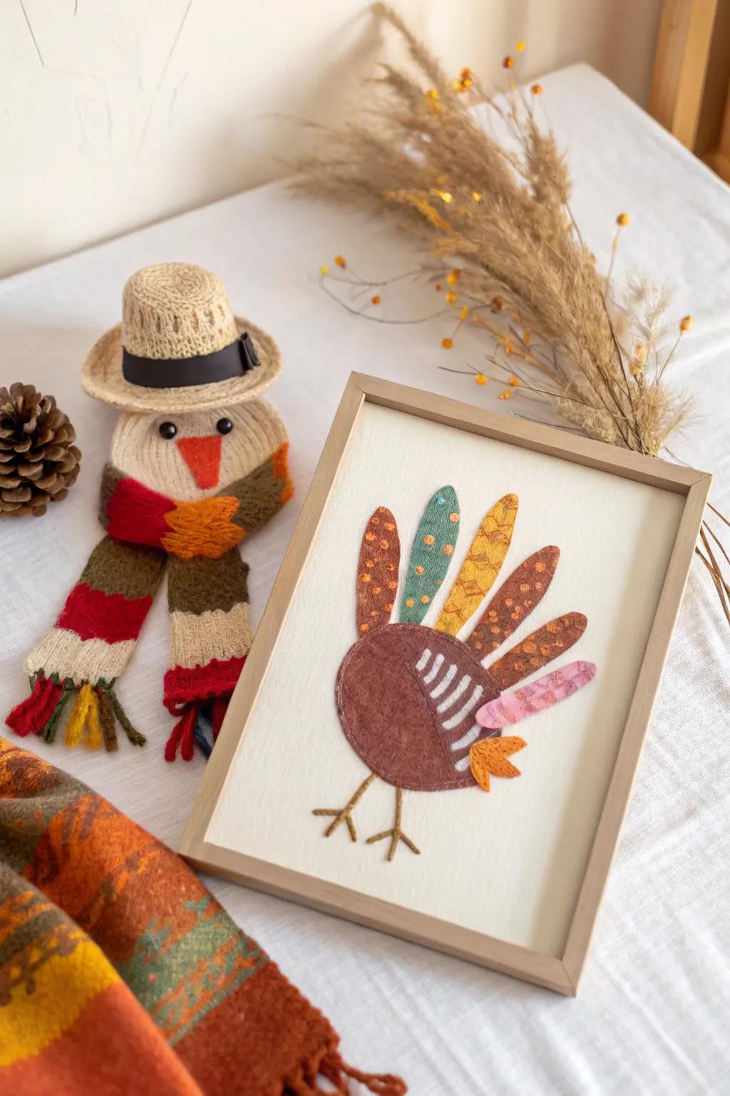 Embrace cozy creativity: A whimsical turkey with a hat and scarf, perfect for adding a playful twist to your holiday decor.