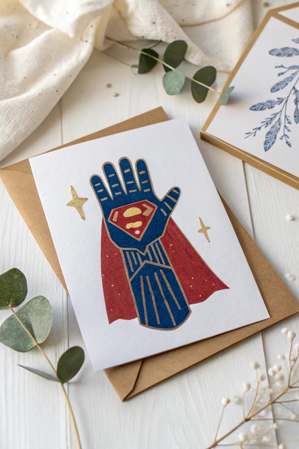 Empower little heroes with a unique, handcrafted superhero handprint card!
