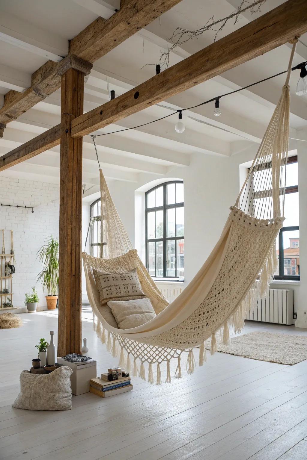 Transform your space into a cozy retreat with a hammock hung from indoor beams—where Scandinavian simplicity meets boho comfort.