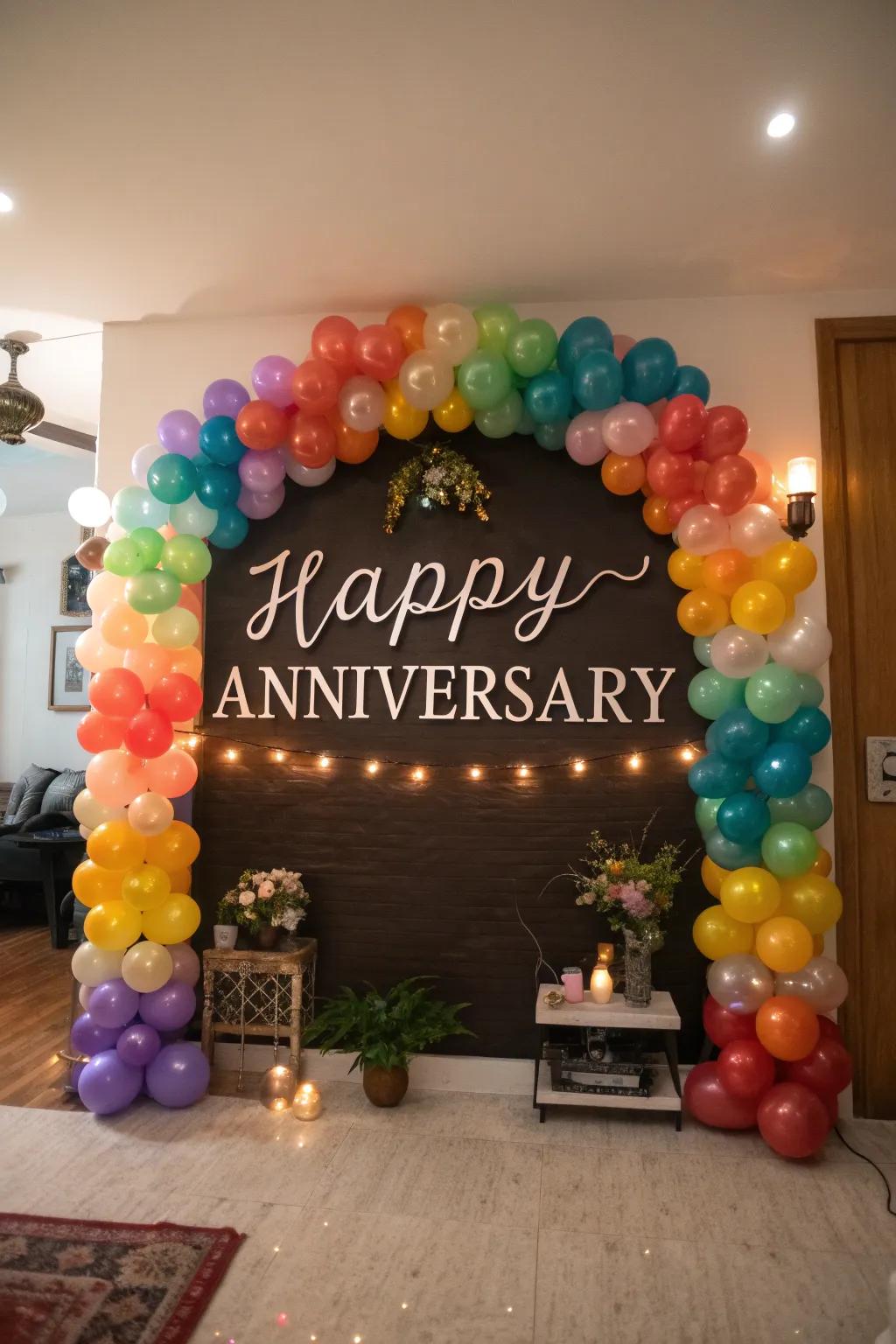 Colorful balloon arch creating a festive atmosphere around an anniversary sign.
